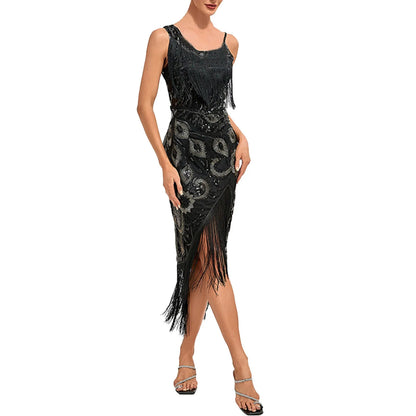 JuliaFashion - 1920s Knee Length Flapper Party Tassels Hem Sequined Cocktail 20s Great Gatsby Art Decor Elegant Dress