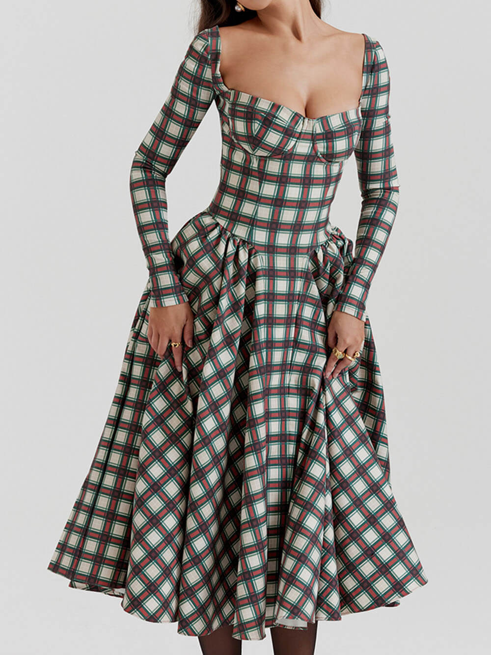 Red Tartan Stylish Corset Midi Dress Dresses