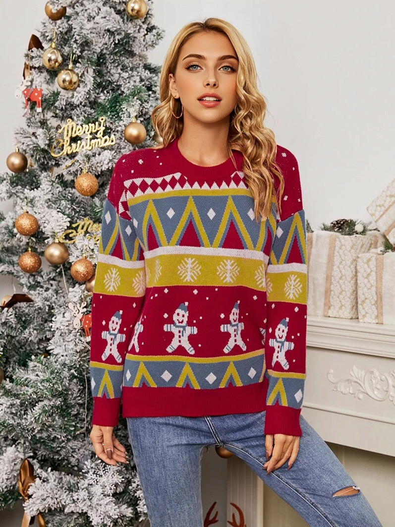 JuliaFashion-Christmas Snowflake Sweater New Pullover Christmas Snowman Sweater