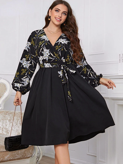 JuliaFashion-Floral Print Patchwork Lace Up Elegant Chubby Dresses