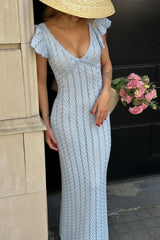 Ruffled Knit Backless V-Neck Boho Dress