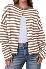 Neutral Stripe Crew Neck Button Knit Cardigan