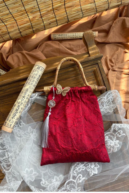 Red Bamboo Handle Handmade Butterfly Retro Top Handle Bag
