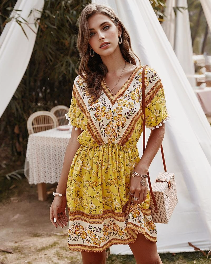 JuliaFashion - 2024 Short Sleeve Geometric Print Boho Dress