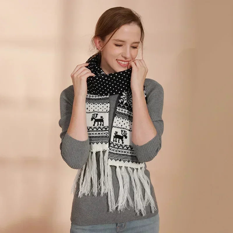 Red Cartoon Reindeer Snowflake Warm Scarf For Christmas Scarfs-L