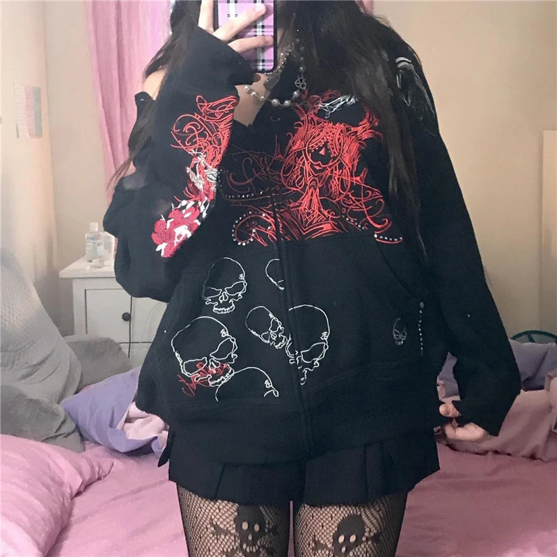 2000s Fairy Grunge Skull Print Long Sleeve Hooded Y2K Aesthetic Oversize Hoody