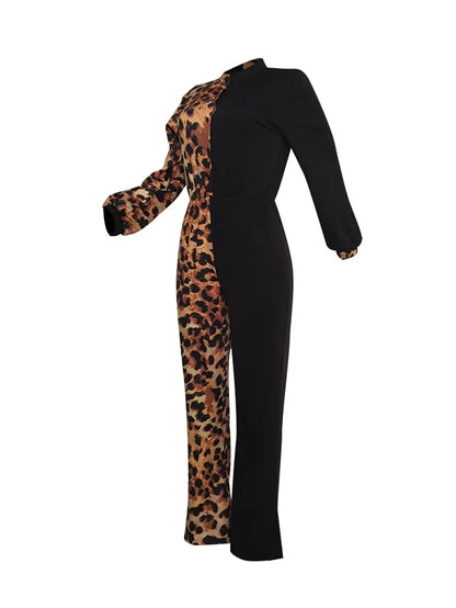 JuliaFashion - Elegant Autumn Women Plus Size V Neck Casual Plunge Leopard Jumpsuits