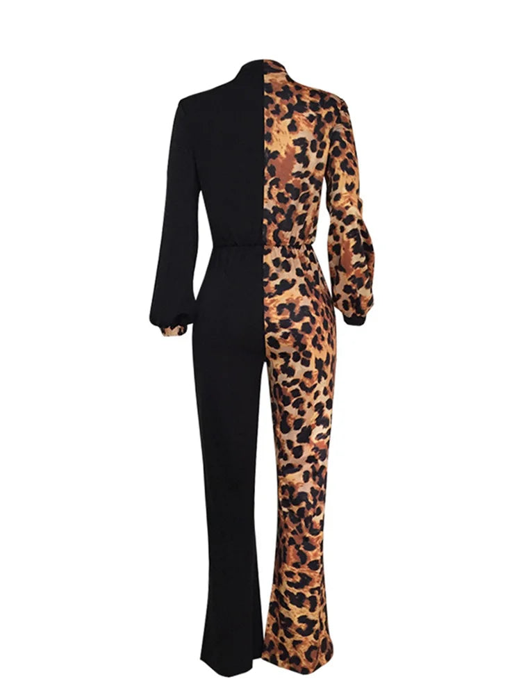 JuliaFashion - Elegant Autumn Women Plus Size V Neck Casual Plunge Leopard Jumpsuits