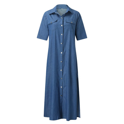 JuliaFashion - Fashion Pockets Denim Turndown Collar Half Sleeve Single Breasted Slit Long Elegant Maxi Dress