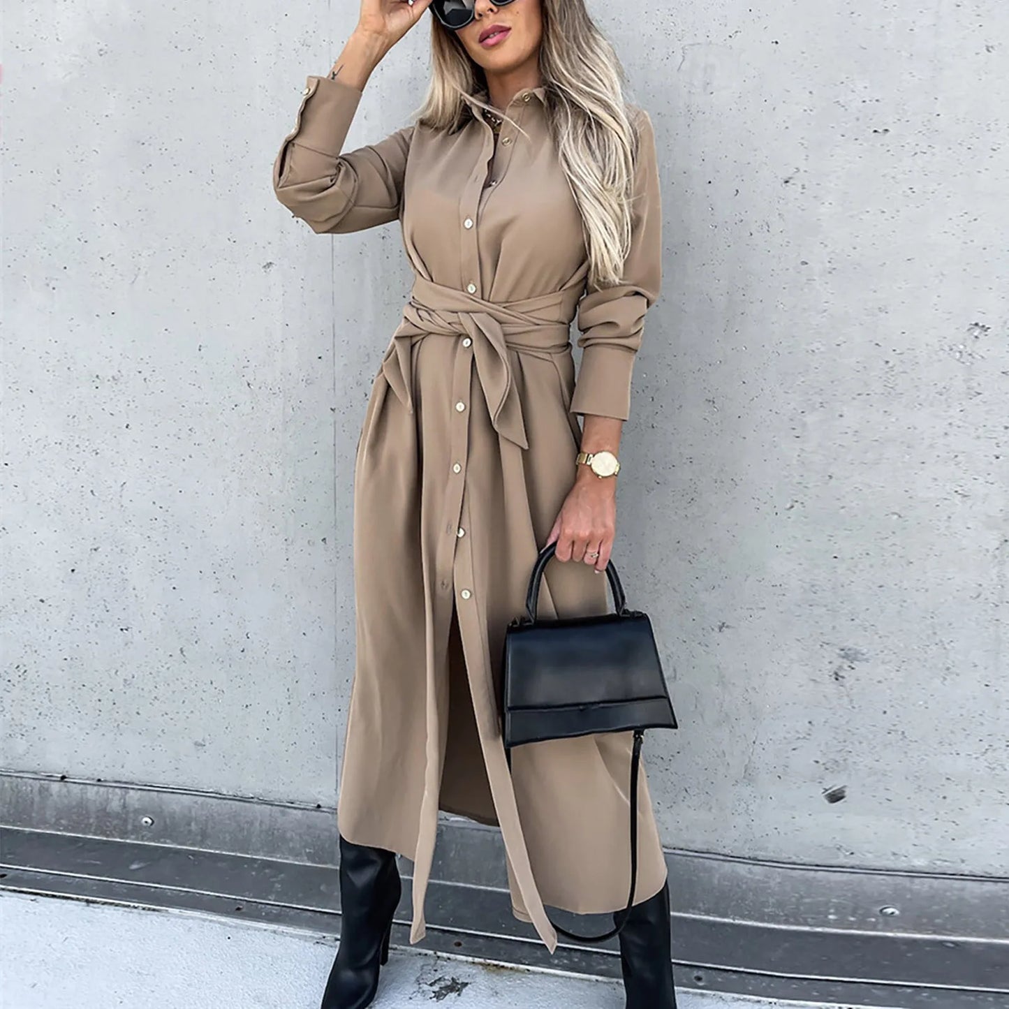 JuliaFashion - 2024 New Autumn Casual Fashion Lace Up Long Shirt Solid Button Cardigan Elegant Office Lady Maxi Dress