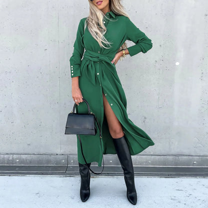 JuliaFashion - 2024 New Autumn Casual Fashion Lace Up Long Shirt Solid Button Cardigan Elegant Office Lady Maxi Dress