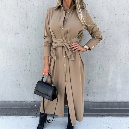 JuliaFashion - 2024 New Autumn Casual Fashion Lace Up Long Shirt Solid Button Cardigan Elegant Office Lady Maxi Dress