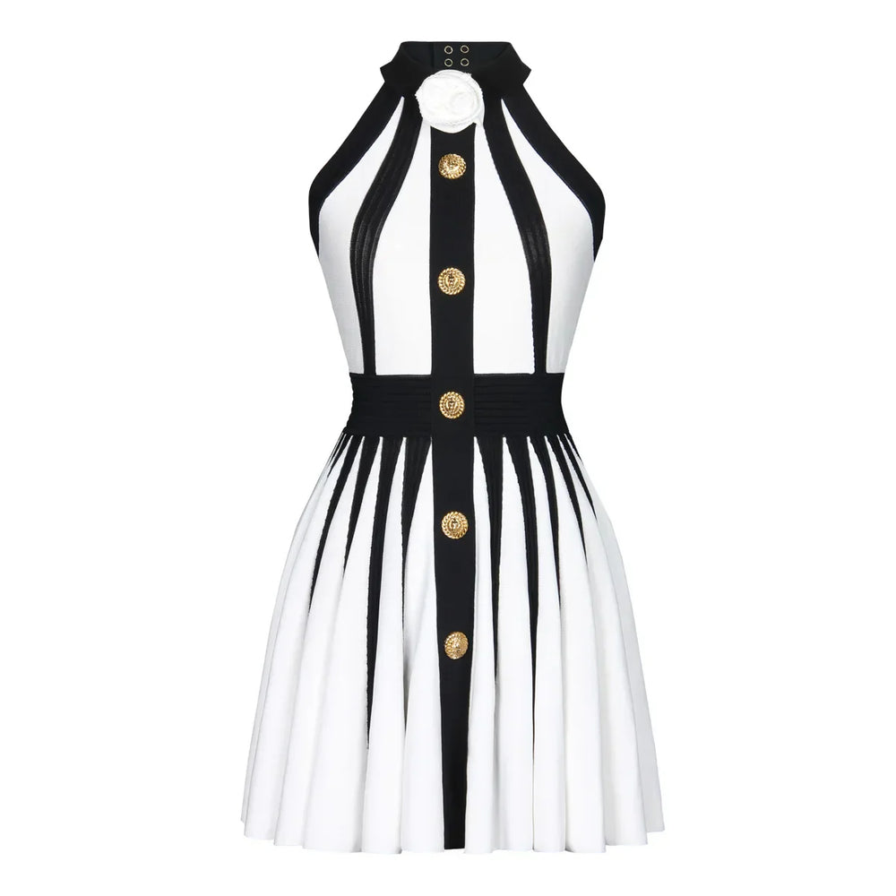 Golden Buttons Patchwork Party Dress White / Xs Partydress-241208