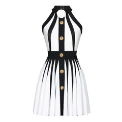 Golden Buttons Patchwork Party Dress White / Xs Partydress-241208