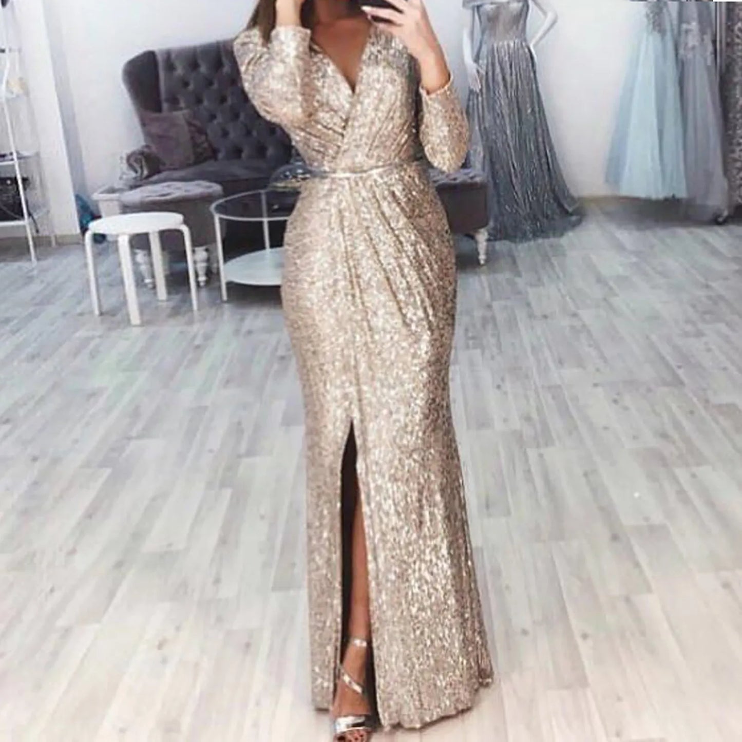 JuliaFashion - 2024 V Neck Floor Length Long Sleeve High Slit Sequin Mermaid Nightclub Evening Gowns Lady Elegant Dress