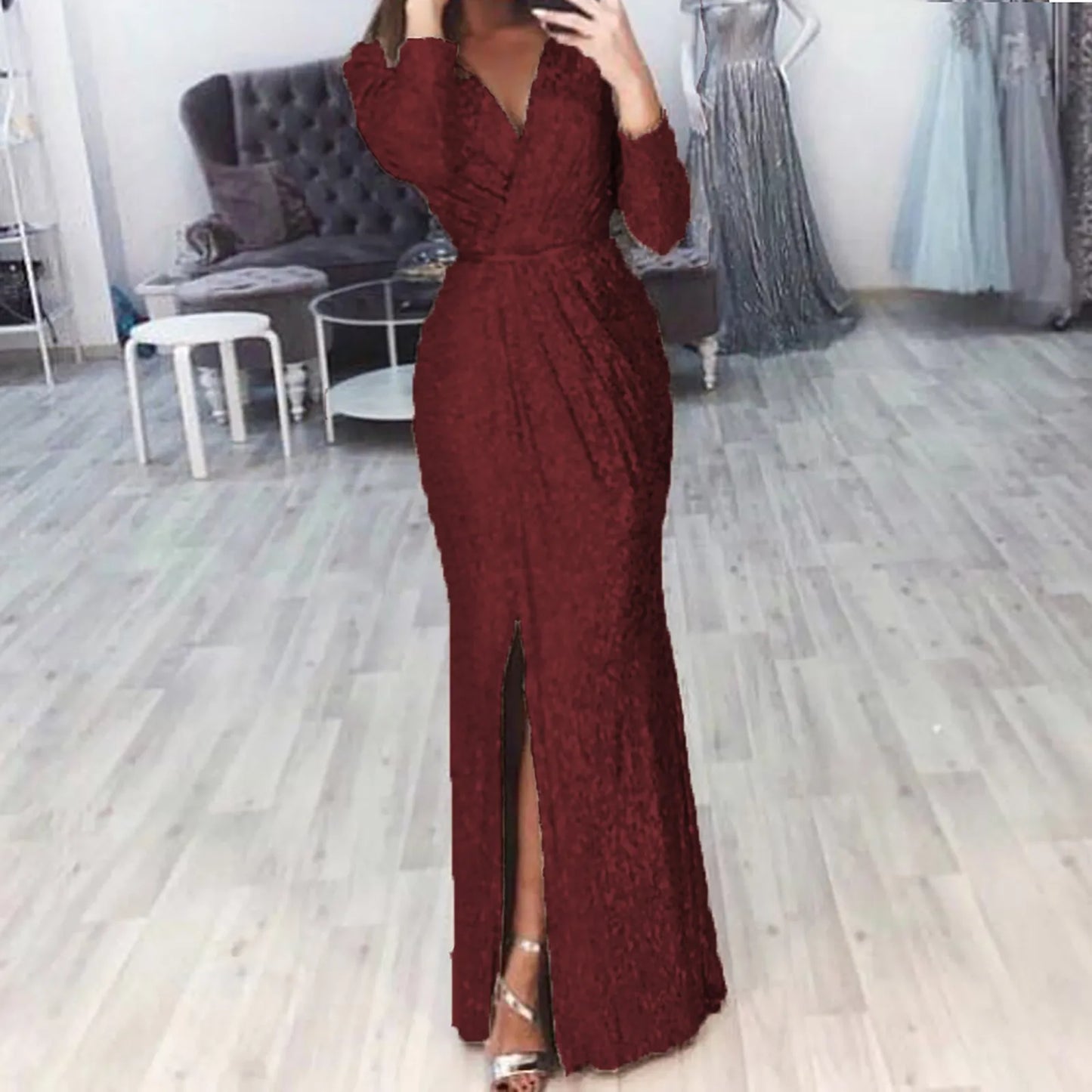 JuliaFashion - 2024 V Neck Floor Length Long Sleeve High Slit Sequin Mermaid Nightclub Evening Gowns Lady Elegant Dress