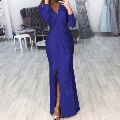 JuliaFashion - 2024 V Neck Floor Length Long Sleeve High Slit Sequin Mermaid Nightclub Evening Gowns Lady Elegant Dress