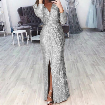 JuliaFashion - 2024 V Neck Floor Length Long Sleeve High Slit Sequin Mermaid Nightclub Evening Gowns Lady Elegant Dress