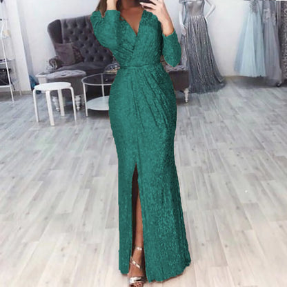 JuliaFashion - 2024 V Neck Floor Length Long Sleeve High Slit Sequin Mermaid Nightclub Evening Gowns Lady Elegant Dress