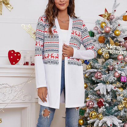 Casual Long Sleeve New Year Ladies Cardigan Christmas Sweater White / S Sweaters-L