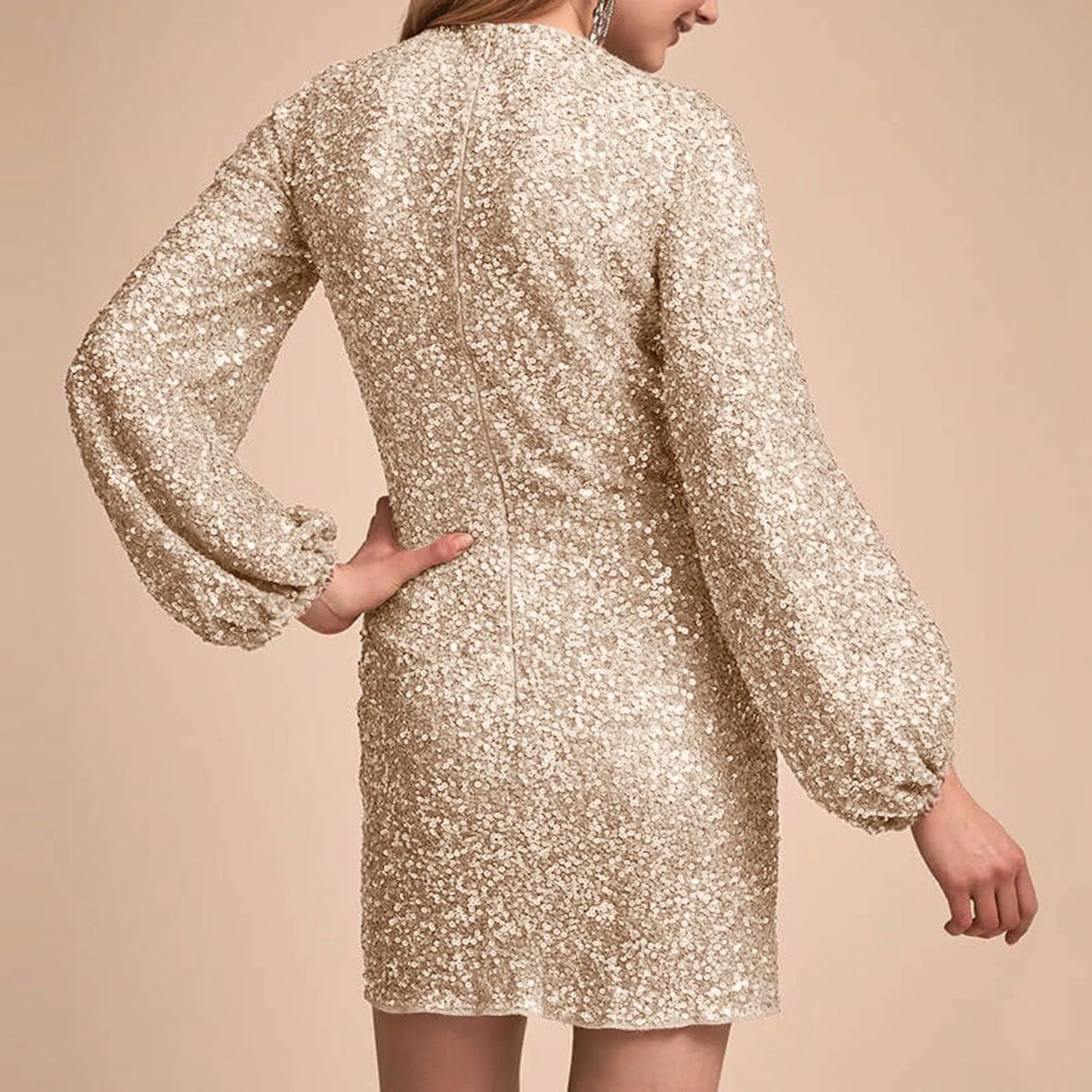 JuliaFashion - 2024 Elegant Evening Sequin Mini Bodycon Slim Long-Sleeved Temperament Fashion Trend Sequined Hip Dress