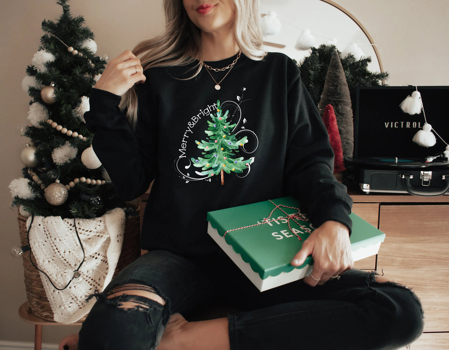 Hot Sale Merry Bright Light Tree Girl Holiday Christmas Hoodie Black / S Hoodies-L