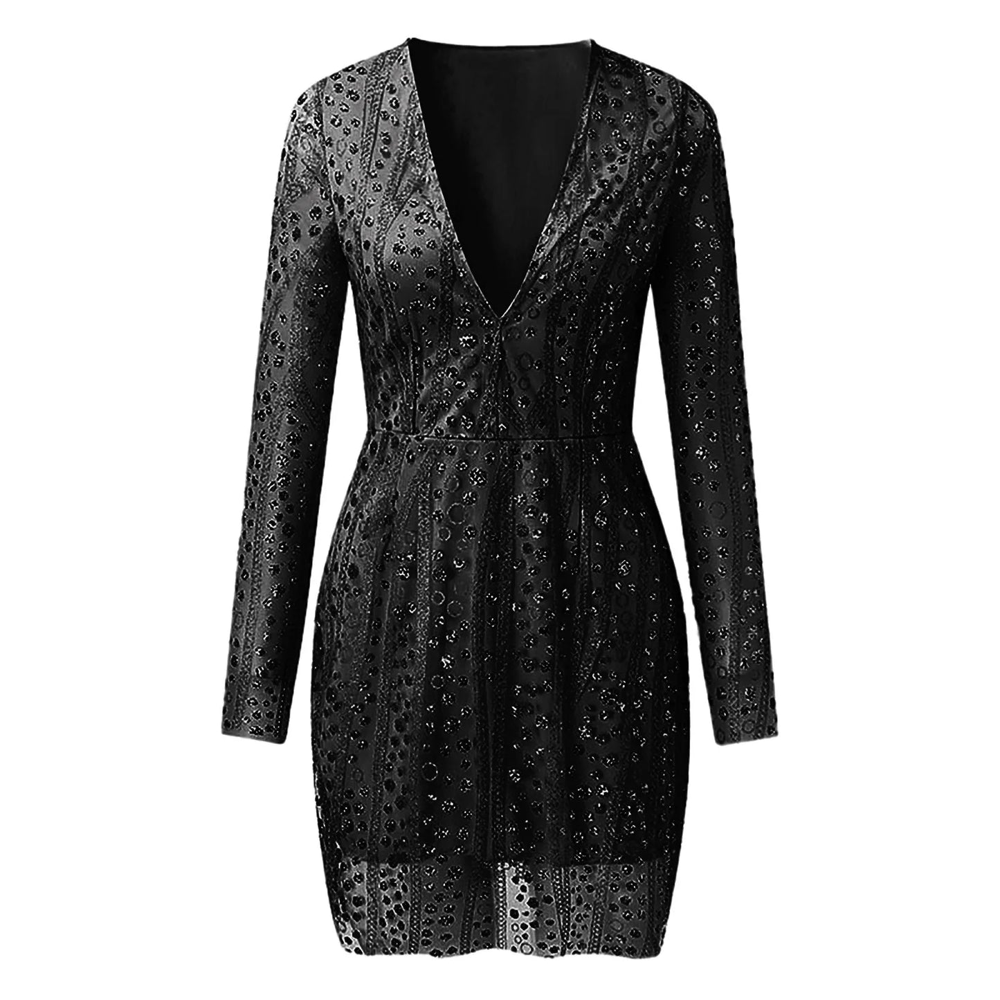 JuliaFashion - 2024 Spring Summer New Women's Sexy Temperament Deep V Perspective Sequined Hip Long Sleeve Elegant Party Evening Dress