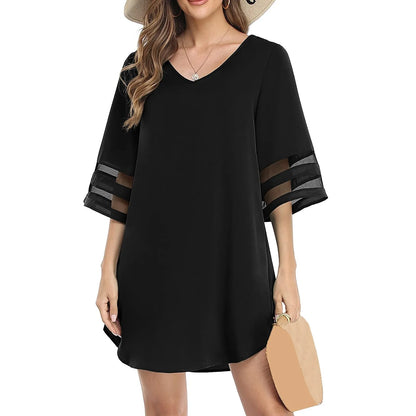 JuliaFashion - 2024 Summer Chiffon Bell Sleeve New Fashion Solid Color Loose Cover Ups Casual V Neck Mesh Panel Mini Sun Dress