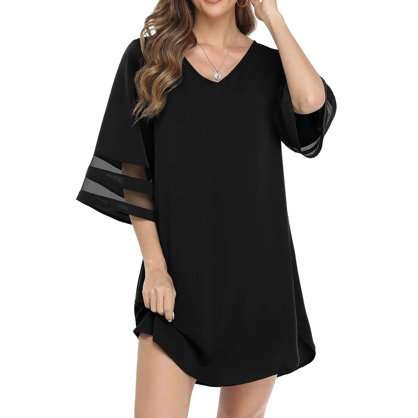 JuliaFashion - 2024 Summer Chiffon Bell Sleeve New Fashion Solid Color Loose Cover Ups Casual V Neck Mesh Panel Mini Sun Dress