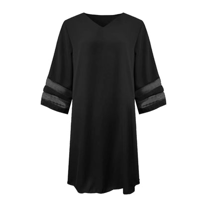 JuliaFashion - 2024 Summer Chiffon Bell Sleeve New Fashion Solid Color Loose Cover Ups Casual V Neck Mesh Panel Mini Sun Dress