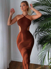 2024 Summer Halter For Women’s Sleeveless Backless Club Party Cutout Bandage Midi Dress Clothes Sexy