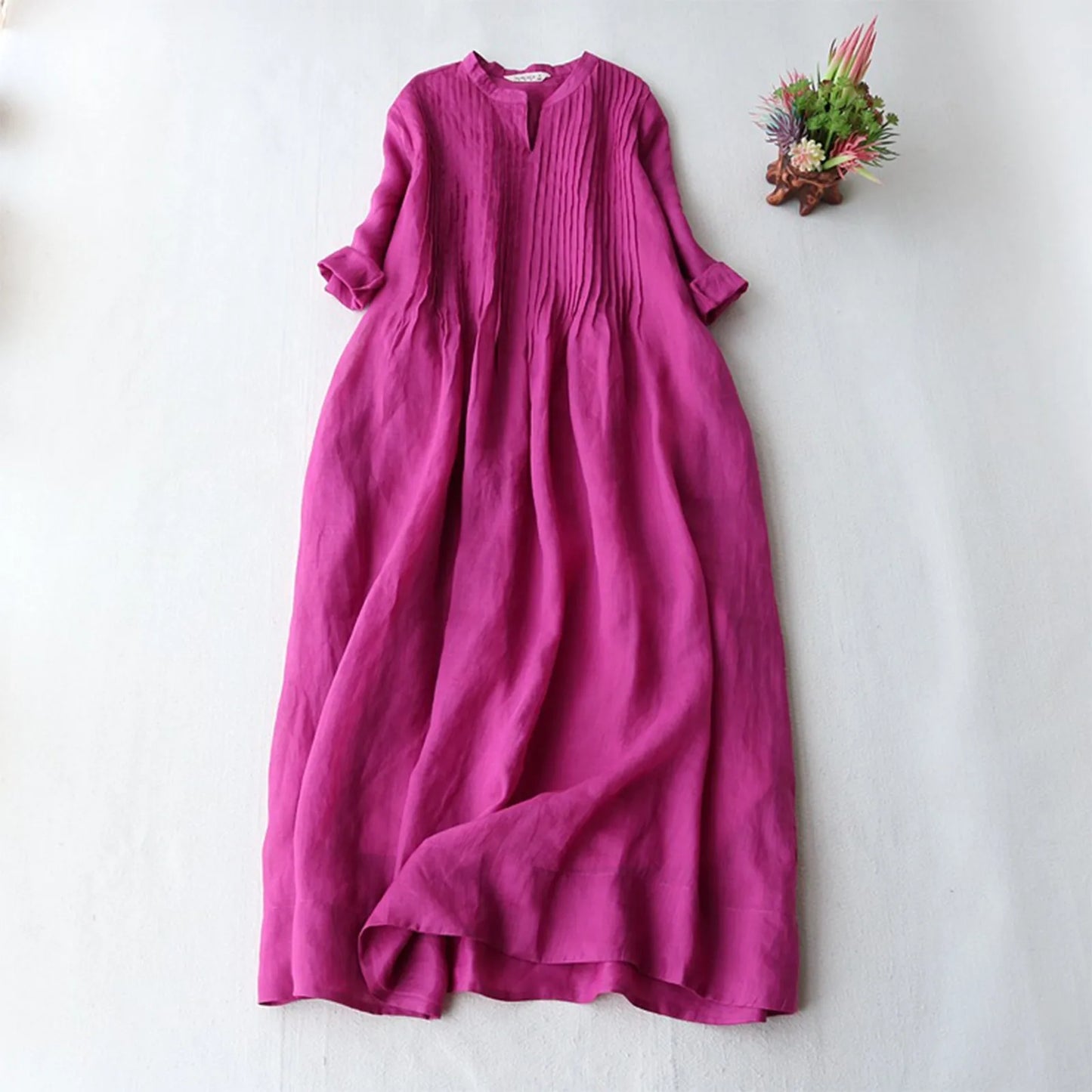 JuliaFashion - 2024 Summer New Ladies Cotton Linen Fashion Women's Thin Ramie Elegant Organ Pleated Loose Flowy Short Sleeve Casual Dress