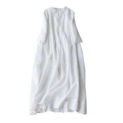 JuliaFashion - 2024 Summer New Ladies Cotton Linen Fashion Women's Thin Ramie Elegant Organ Pleated Loose Flowy Short Sleeve Casual Dress