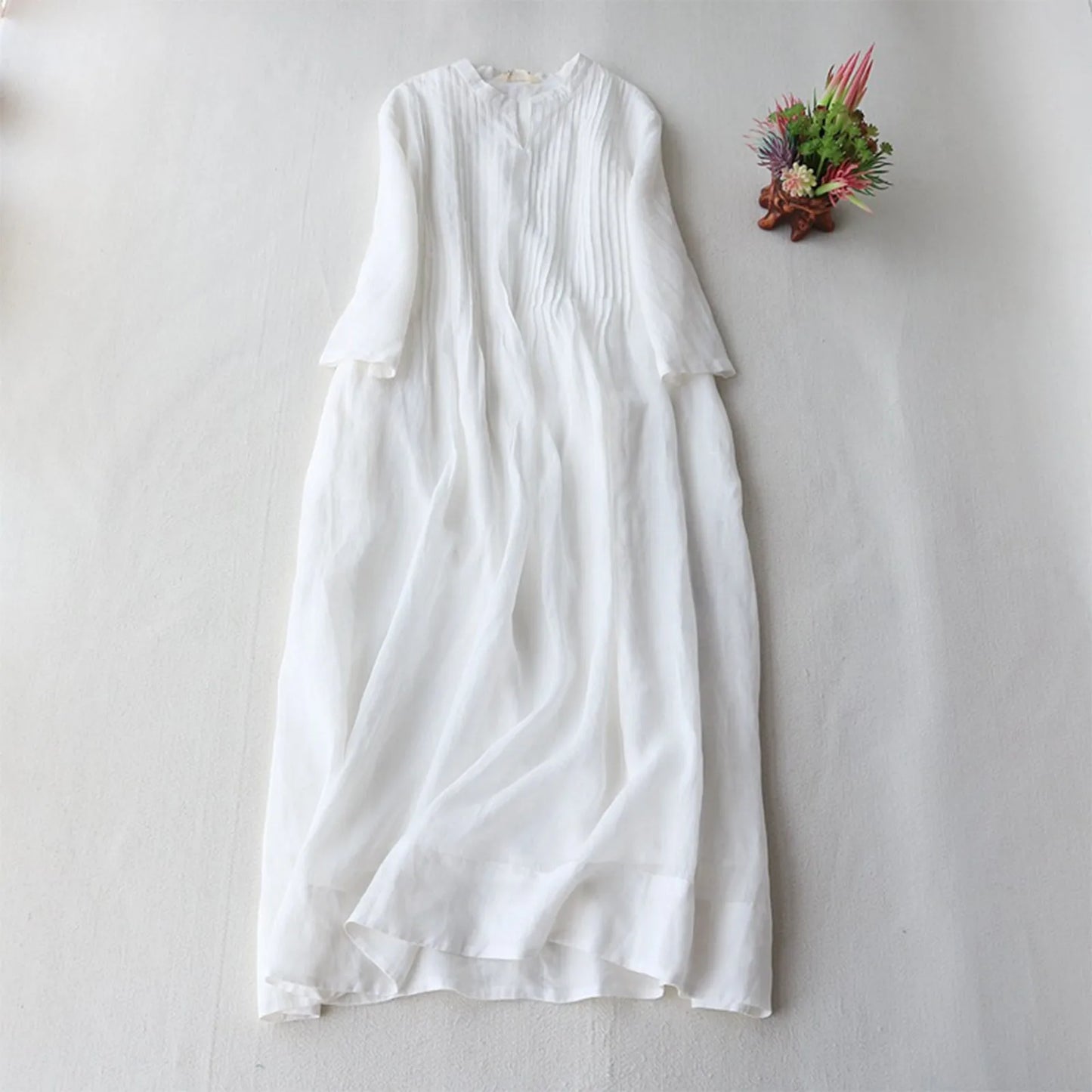 JuliaFashion - 2024 Summer New Ladies Cotton Linen Fashion Women's Thin Ramie Elegant Organ Pleated Loose Flowy Short Sleeve Casual Dress