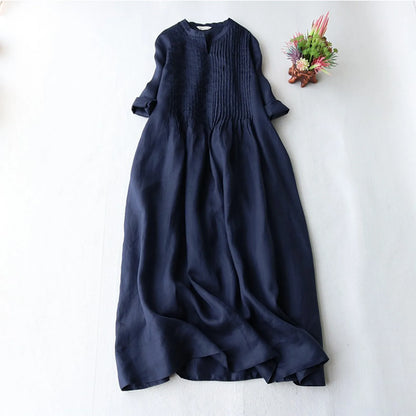 JuliaFashion - 2024 Summer New Ladies Cotton Linen Fashion Women's Thin Ramie Elegant Organ Pleated Loose Flowy Short Sleeve Casual Dress