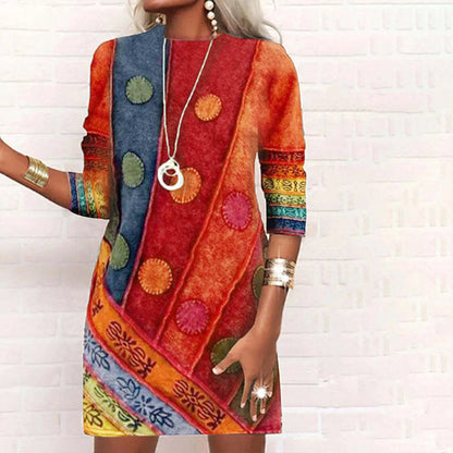JuliaFashion - 2024 Vintage Round Neck Geometric Printing Long Sleeve A-Line Autumn Winter New Fashion Patchwork Slim Mini Women Dress
