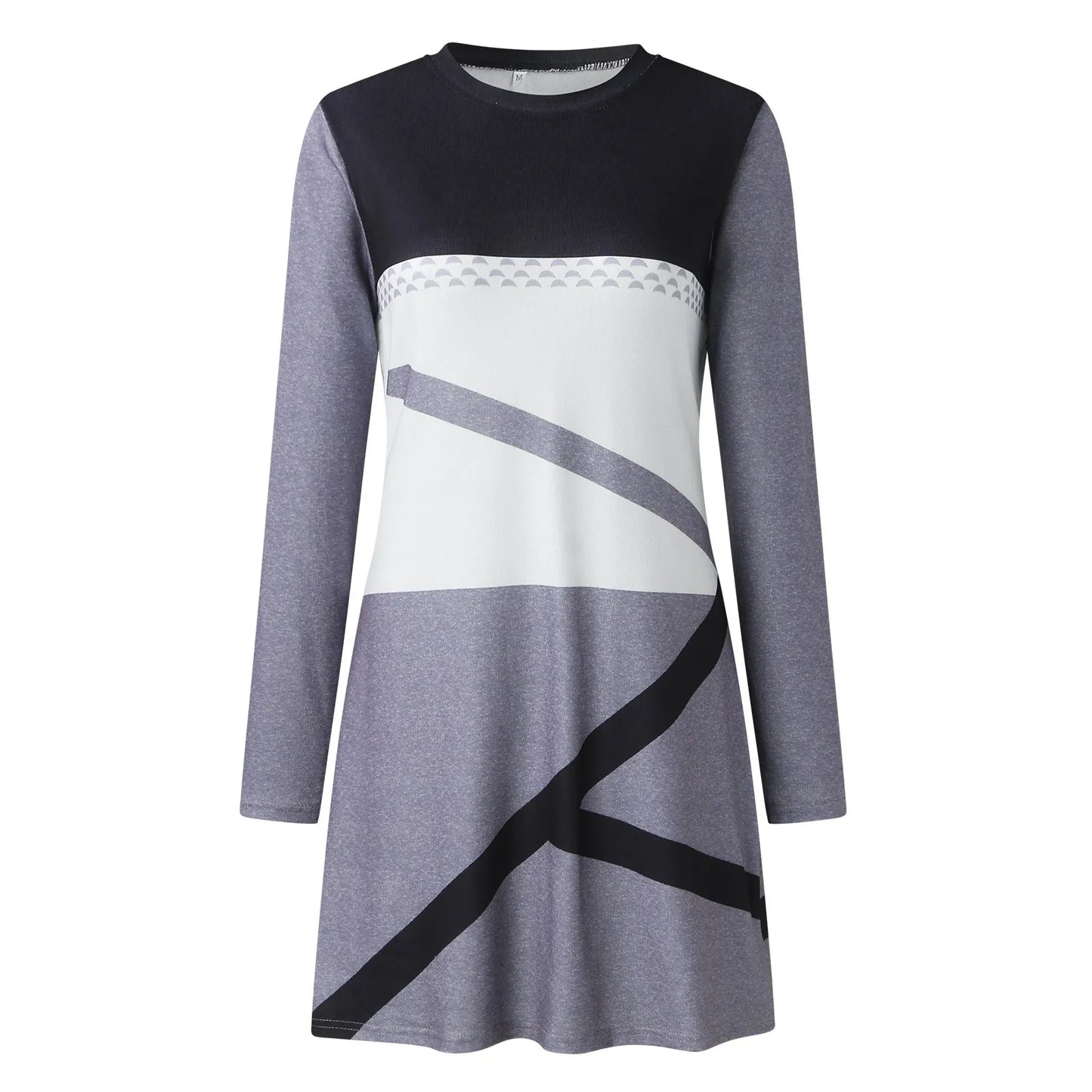 JuliaFashion - 2024 Vintage Round Neck Geometric Printing Long Sleeve A-Line Autumn Winter New Fashion Patchwork Slim Mini Women Dress