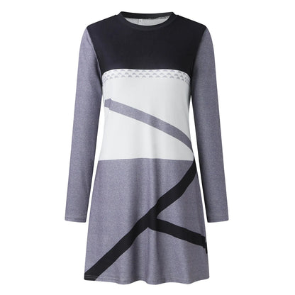 JuliaFashion - 2024 Vintage Round Neck Geometric Printing Long Sleeve A-Line Autumn Winter New Fashion Patchwork Slim Mini Women Dress