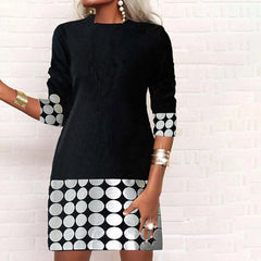 JuliaFashion - 2024 Vintage Round Neck Geometric Printing Long Sleeve A-Line Autumn Winter New Fashion Patchwork Slim Mini Women Dress