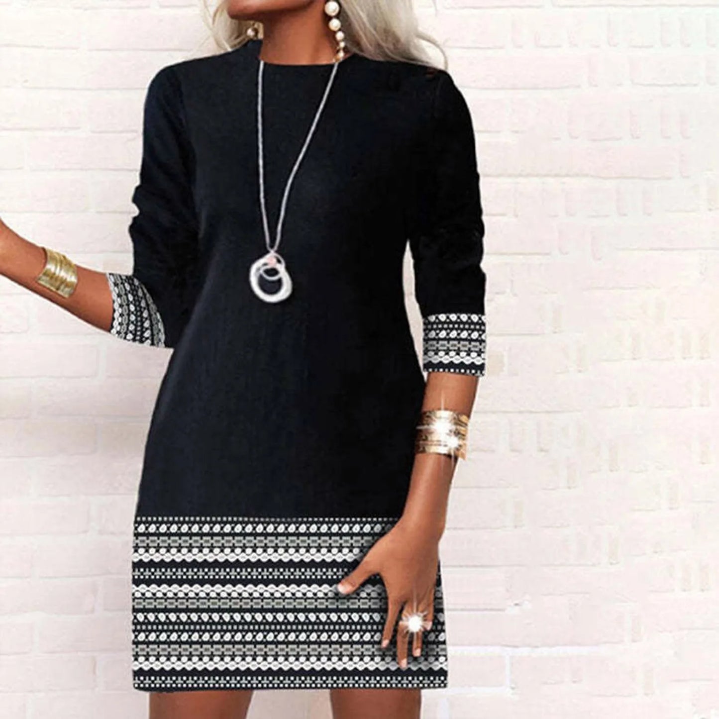 JuliaFashion - 2024 Vintage Round Neck Geometric Printing Long Sleeve A-Line Autumn Winter New Fashion Patchwork Slim Mini Women Dress