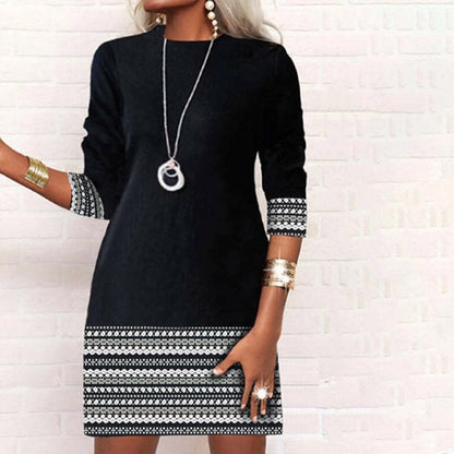 JuliaFashion - 2024 Vintage Round Neck Geometric Printing Long Sleeve A-Line Autumn Winter New Fashion Patchwork Slim Mini Women Dress