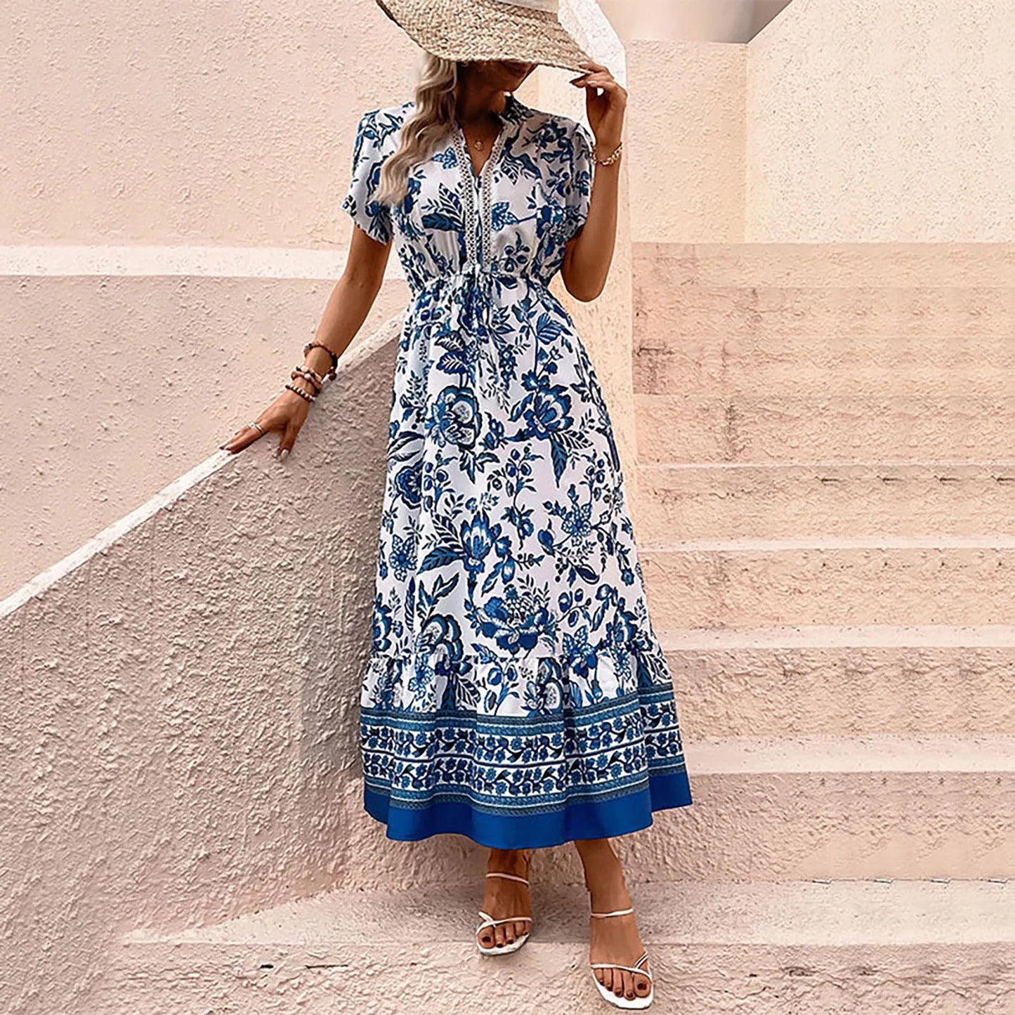 JuliaFashion - 2024 Women Summer Floral Prints V Neck A Line Elegant Long Boho Casual Sun Dress