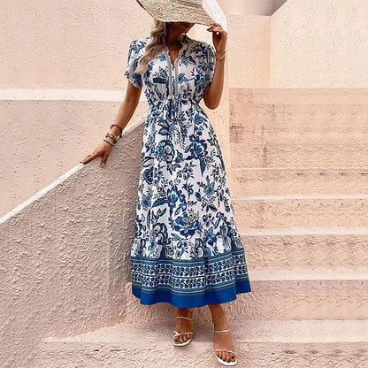 JuliaFashion - 2024 Women Summer Floral Prints V Neck A Line Elegant Long Boho Casual Sun Dress