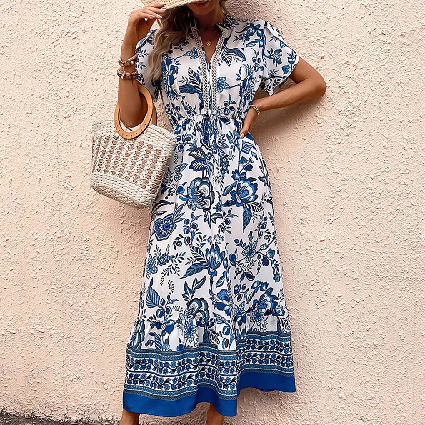 JuliaFashion - 2024 Women Summer Floral Prints V Neck A Line Elegant Long Boho Casual Sun Dress