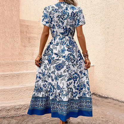 JuliaFashion - 2024 Women Summer Floral Prints V Neck A Line Elegant Long Boho Casual Sun Dress