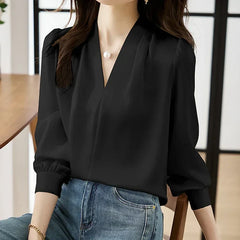 Satin Chiffon V-neck Soft Casual Blouse for Office blouse-250126