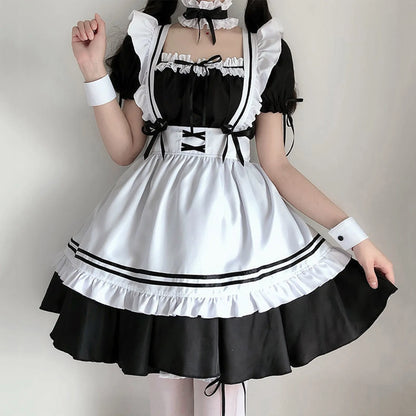 JuliaFashion - 2024 Black Cute Lolita Maid Costumes Girls Women Lovely Maid Cosplay Costume Animation Show Japanese Outfit Cafe Apron Dress