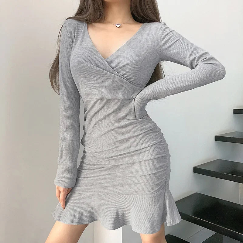 Julia Fashion - Package Hips Split Knitted Long Sleeve Bodycon Mini Dress