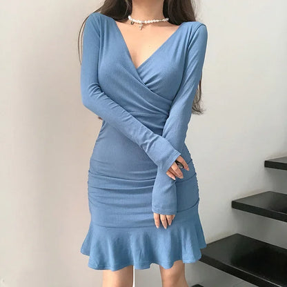 Julia Fashion - Package Hips Split Knitted Long Sleeve Bodycon Mini Dress