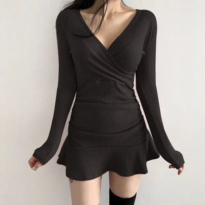 Julia Fashion - Package Hips Split Knitted Long Sleeve Bodycon Mini Dress